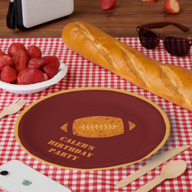 Custom Football Birthday Party Maroon Gold  Paper Plates (Picnic)