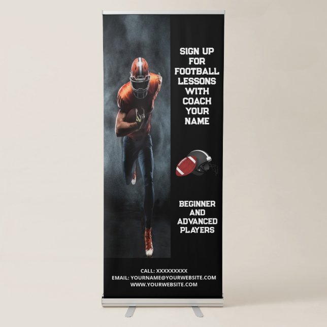 Custom Football Coach Coaching Class Lessons Black Retractable Banner (Front)