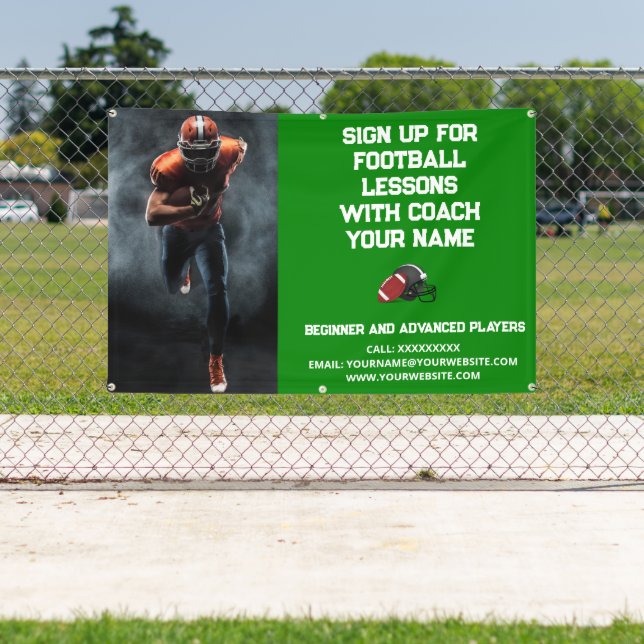 Custom Football Coach Coaching Class Lessons Green Banner (Insitu)