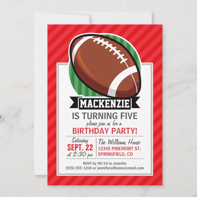 Custom Football on Red Diagonal Stripes Invitation (Front)