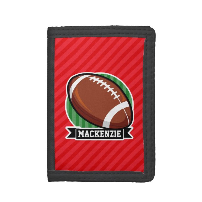 Custom Football on Red Diagonal Stripes Trifold Wallet (Front Vertical)