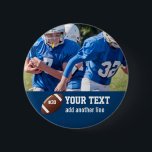 Custom Football Photo Name and Number Pinback Button<br><div class="desc">Add your player's photo,  name and number to this custom football design.  Makes a great end of season gift to celebrate all his hard work and dedication.  Check out our other sports related designs by clicking on the Colorfulgalshop logo below.</div>