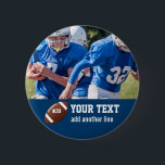 Custom Football Photo Name and Number Pinback Button<br><div class="desc">Add your player's photo,  name and number to this custom football design.  Makes a great end of season gift to celebrate all his hard work and dedication.  Check out our other sports related designs by clicking on the Colorfulgalshop logo below.</div>