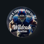 Custom Football Player Photo High School Spirit Button<br><div class="desc">This cool customized high school football player photo spirit button features white typography of your team and player name. Personalize with the mascot type across the athlete photograph.</div>