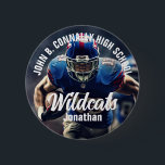 Custom Football Player Photo High School Spirit Button<br><div class="desc">This cool customized high school football player photo spirit button features white typography of your team and player name. Personalize with the mascot type across the athlete photograph.</div>