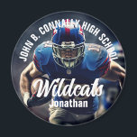 Custom Football Player Photo High School Spirit Magnet<br><div class="desc">This cool customized high school football player photo spirit magnet features white typography of your team and player name. Personalize with the mascot type across the athlete photograph.</div>