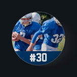 Custom Football Player Photo Number Button<br><div class="desc">Add your player's photo and number to this custom football design.  Makes a great end of season gift to celebrate all his hard work and dedication.  Check out our other sports related designs by clicking on the Colorfulgalshop logo below.</div>