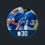 Custom Football Player Photo Number Button<br><div class="desc">Add your player's photo and number to this custom football design.  Makes a great end of season gift to celebrate all his hard work and dedication.  Check out our other sports related designs by clicking on the Colorfulgalshop logo below.</div>