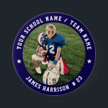 Custom Football Team Photo Button<br><div class="desc">Celebrate your little athlete with this personalized football team button! Featuring a custom photo in the center, this round button is designed with your school name or team name across the top and the player’s name and number along the bottom. Perfect for team spirit, sports banquets, parent gifts, or game...</div>