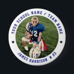 Custom Football Team Photo Button<br><div class="desc">Celebrate your little athlete with this personalized football team button! Featuring a custom photo in the center, this round button is designed with your school name or team name across the top and the player’s name and number along the bottom. Perfect for team spirit, sports banquets, parent gifts, or game...</div>