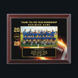 Custom Football Team Sponsor Appreciation Gift Award Plaque<br><div class="desc">Celebrate your team’s success and show appreciation to your sponsor with this customizable football plaque. Featuring a bold, flaming American football background, an editable team photo, and a personalized business name and player list, this design captures the spirit of teamwork and gratitude. Perfect for end-of-season gifts, sponsor recognition, and sports...</div>