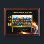 Custom Football Team Sponsor Appreciation Gift Award Plaque<br><div class="desc">Celebrate your team’s success and show appreciation to your sponsor with this customizable football plaque. Featuring a bold, flaming American football background, an editable team photo, and a personalized business name and player list, this design captures the spirit of teamwork and gratitude. Perfect for end-of-season gifts, sponsor recognition, and sports...</div>