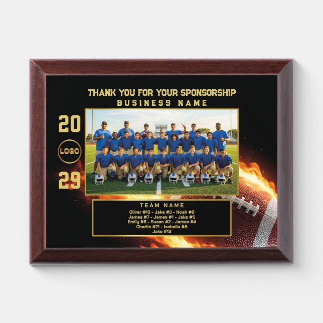 Custom Football Team Sponsor Appreciation Gift Award Plaque (Horizontal)