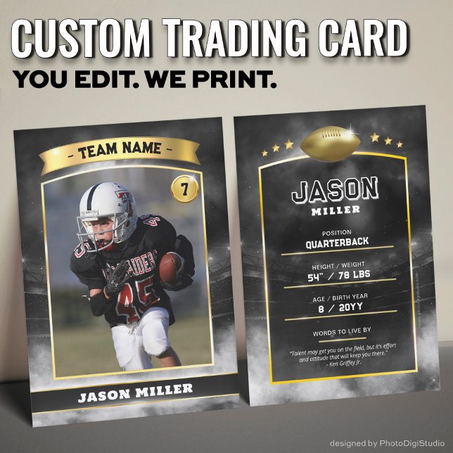 Custom Football Trading Card, Black Gold Stadium Calling Card (Custom Trading Card Black, Editable Football Trading Card, Modern Black Gold Stadium Design)