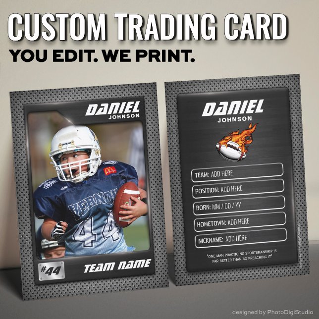 Custom Football Trading Card, Black Graphite Sport Calling Card (Custom Football Trading Card, Black Graphite Player Card)