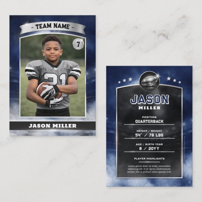 Custom Football Trading Card, Blue Silver Stadium Calling Card (Front/Back)