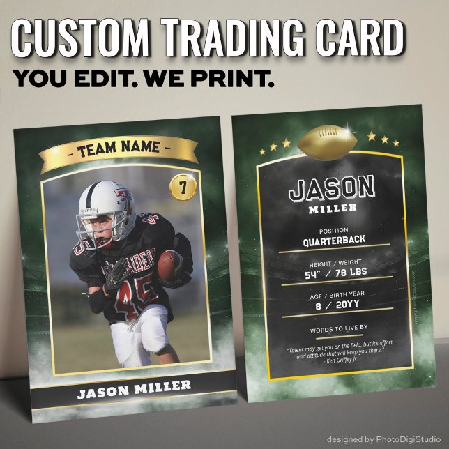 Custom Football Trading Card, Green Gold Stadium Calling Card (Custom Trading Card Black, Editable Football Trading Card, Modern Green Gold Stadium Design)