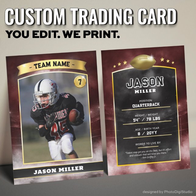 Custom Football Trading Card, Red Gold Stadium Calling Card (Custom Trading Card Black, Editable Football Trading Card, Modern Red Gold Stadium Design)