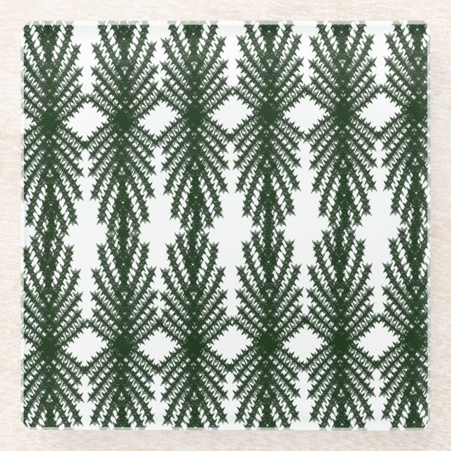 Custom Forest Green Pine Tree Abstract Pattern Glass Coaster (Front)