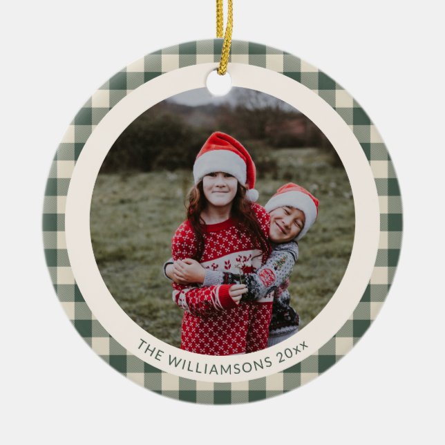 Custom Forest Green Plaid Rustic Photo Christmas Ceramic Ornament (Front)