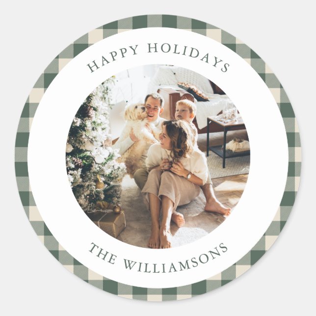 Custom Forest Green Plaid Rustic Photo Christmas Classic Round Sticker (Front)