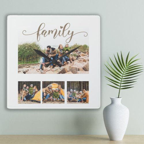 Custom Four Family Photo Collage Cute Script Text  Square Wall Clock