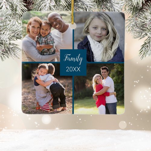 Custom Four Instagram Photo Collage Blue Christmas Ceramic Ornament