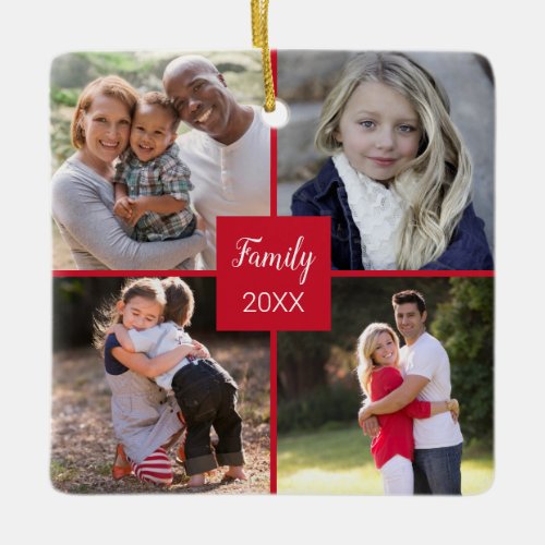 Custom Four Instagram Photo Collage Red Chistmas Ceramic Ornament