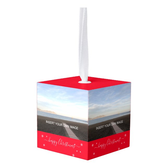 Custom Four Photo Christmas Tree Cube Ornament (Back Angled)