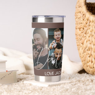 Custom Four Photo Collage Best Dad Ever Brown Insulated Tumbler