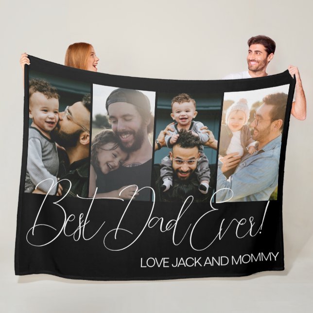 Custom Four Photo Collage Best Dad Ever Fleece Blanket (In Situ)