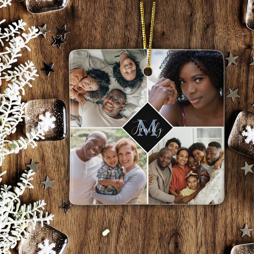 Custom Four Photo Collage | Family Monogram Ceramic Ornament