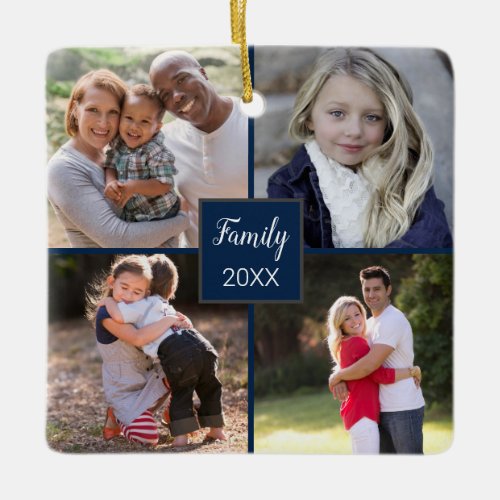 Custom Four Photo Collage Navy Blue Christmas Ceramic Ornament