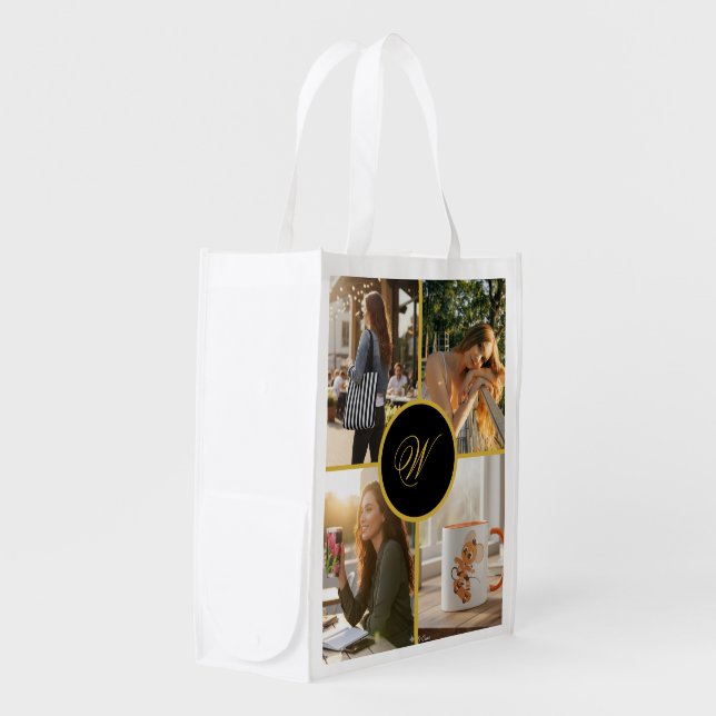 Custom Four Photo Monogram Design Attractive Grocery Bag (Front Side)