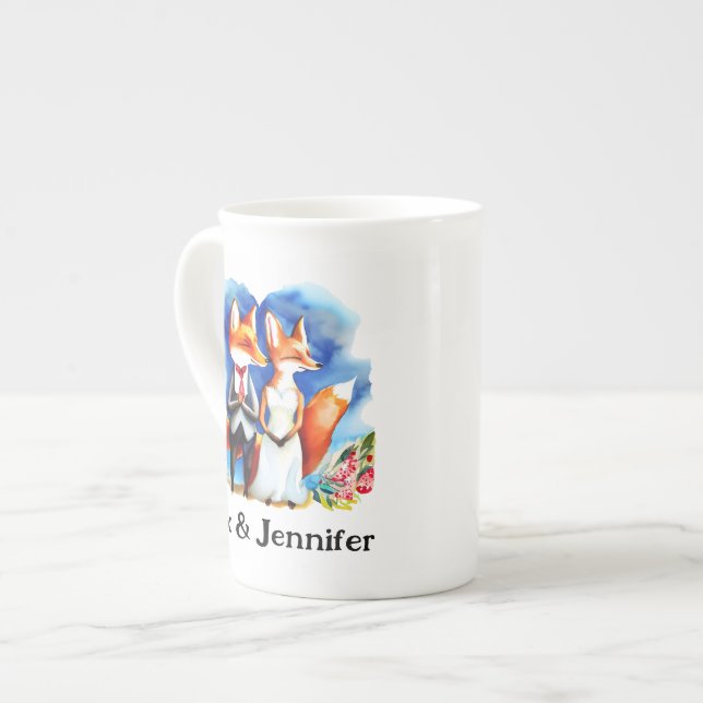 Custom Fox Couple Names Personalized Bone China Mug (Front Left)