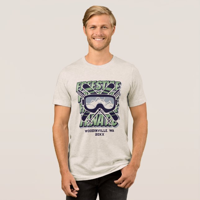 Custom Freestyle Skiing Location Date Name Tri-Blend Shirt (Front Full)