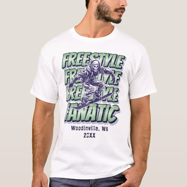 Custom Freestyle Snowboarding Location Date Name T-Shirt (Front)