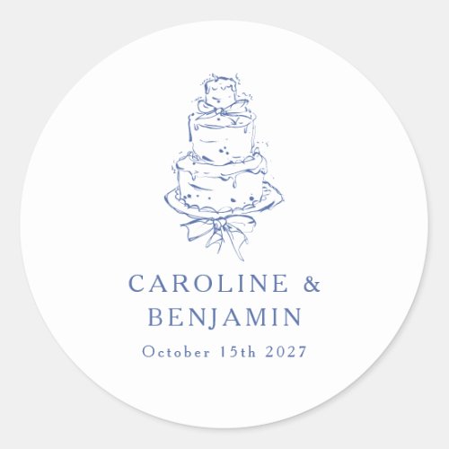 Custom French Blue Doodle Minimalist Wedding Cake Classic Round Sticker