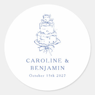 Custom French Blue Doodle Minimalist Wedding Cake Classic Round Sticker