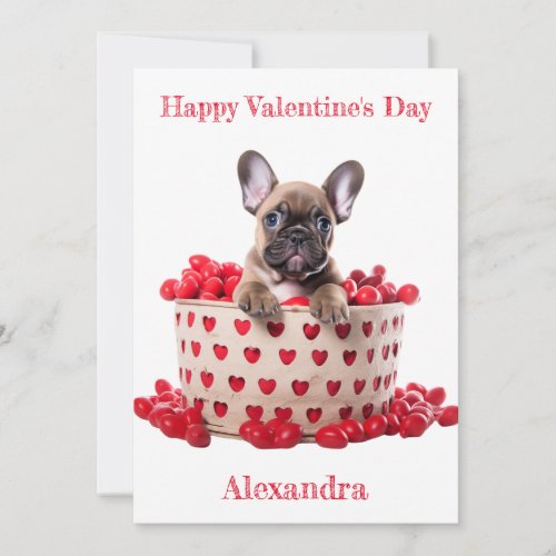 Custom French Bulldog Basket with Hearts Valentine Holiday Card