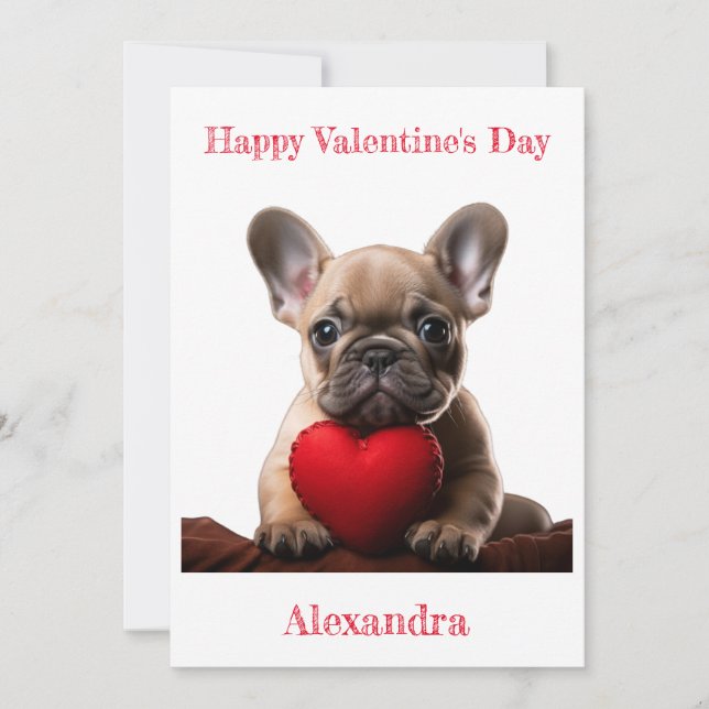 Custom French Bulldog Holding Heart Valentine Holiday Card (Front)
