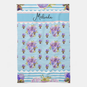 Custom French Pastel Purple Blue Pansy Womans Name Kitchen Towel