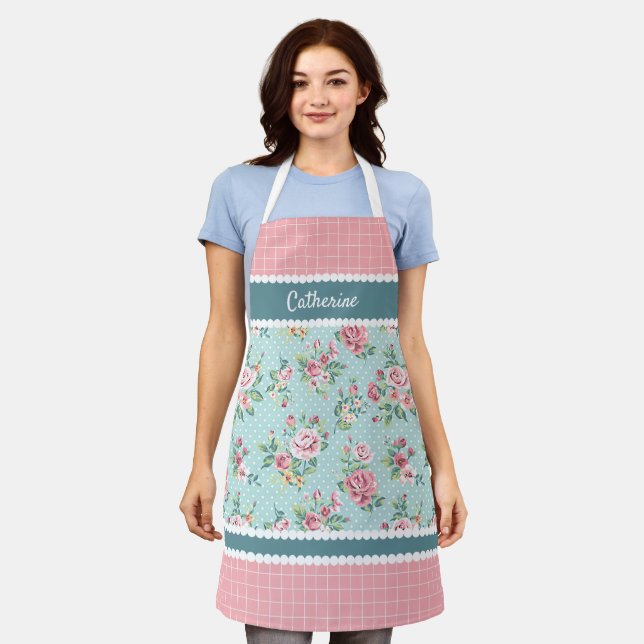 Custom French Pastel Teal Blue Blush Pink Roses Apron (Worn)