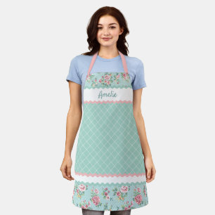 Custom French Pastel Teal Blue Blush Pink Roses Apron
