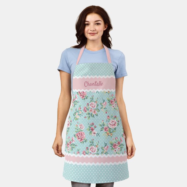 Custom French Pastel Teal Blue Blush Pink Roses Apron (Worn)