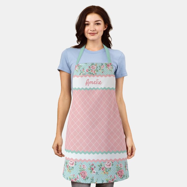 Custom French Pastel Teal Blue Blush Pink Roses Apron (Worn)
