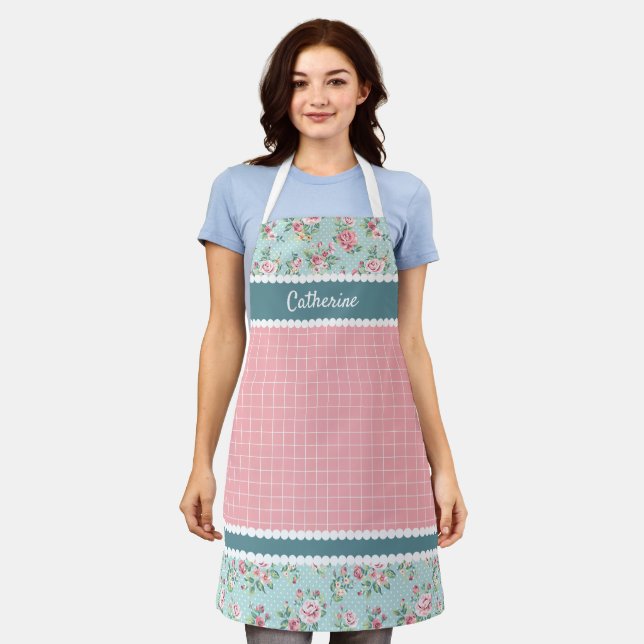 Custom French Pastel Teal Blue Blush Pink Roses Apron (Worn)