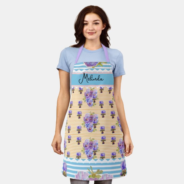 Custom French Pastel Yellow Blue Pansy Womans Name Apron (Worn)