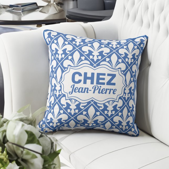 Custom French Text blue and white Fleur de lys Throw Pillow (Creator Uploaded)