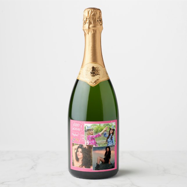 Custom Friend Happy Birthday Photo Collage  Sparkling Wine Label (Front)